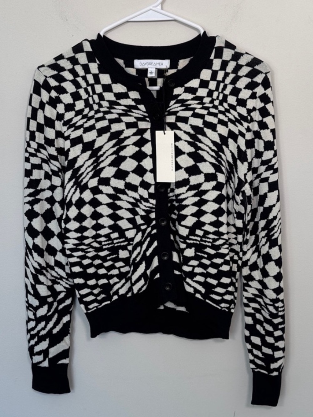 NWT Daydreamer Black and White Optical Checkered Cardigan